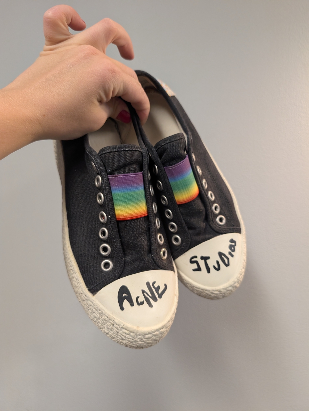 Acne Studios Ballow Black Canvas Slip-On Sneakers with Rainbow Elastic